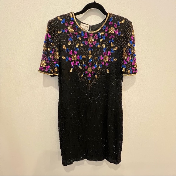 Vtg Sténay Black Gold Beaded Sequin Trophy Dress Silk India Size Xl Holidays - Picture 3 of 16